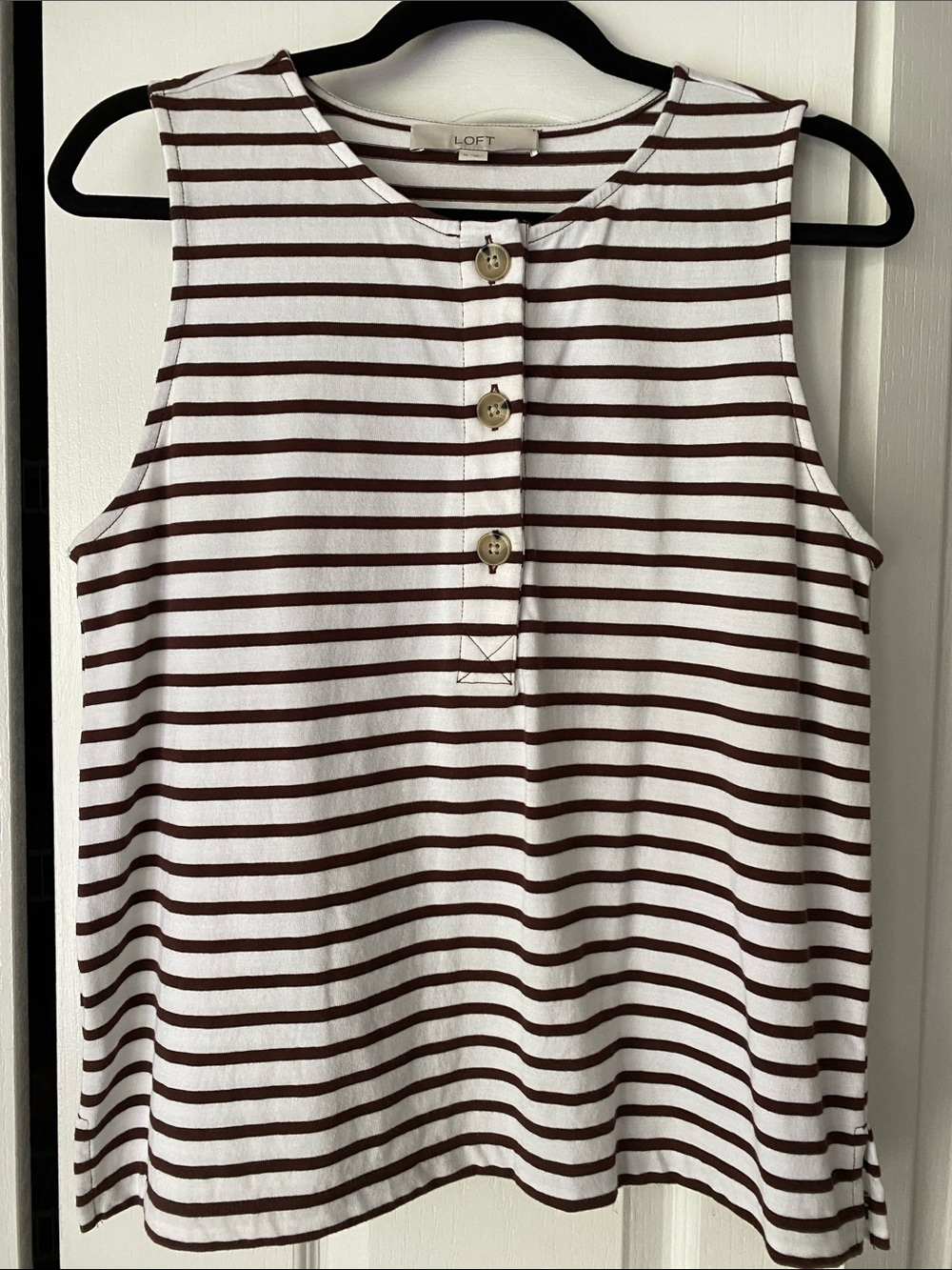 LOFT White and Brown Striped Sleeveless Button-Up Tank
